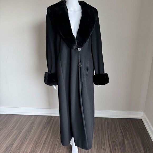 Vintage Women’s Black  Sheared Fur Trim Cashmere Wool Long Jacket Black - Picture 2 of 10